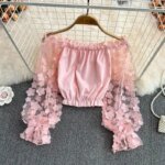 Off Shoulder Sexy Lace Blouses Women 2025 Spring Summer Korean Fashion Long Sleeve Tops Slim Flower Transparent Chiffon Shirts - Image 5