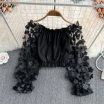 Off Shoulder Sexy Lace Blouses Women 2025 Spring Summer Korean Fashion Long Sleeve Tops Slim Flower Transparent Chiffon Shirts - Image 4