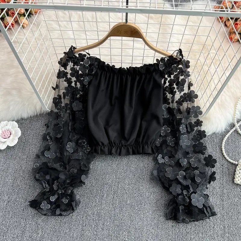 Off Shoulder Sexy Lace Blouses Women 2025 Spring Summer Korean Fashion Long Sleeve Tops Slim Flower Transparent Chiffon Shirts