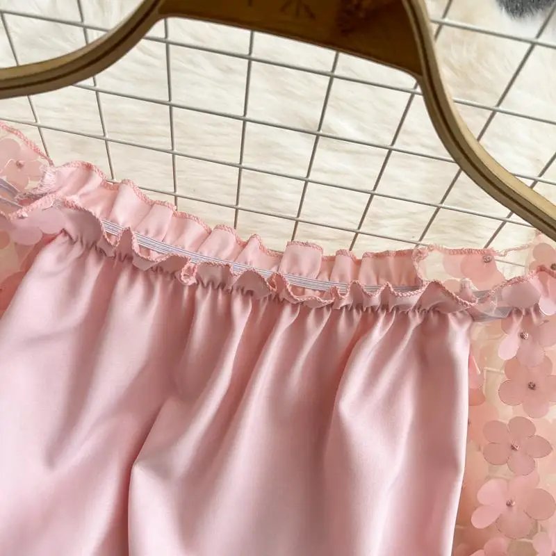 Off Shoulder Sexy Lace Blouses Women 2025 Spring Summer Korean Fashion Long Sleeve Tops Slim Flower Transparent Chiffon Shirts