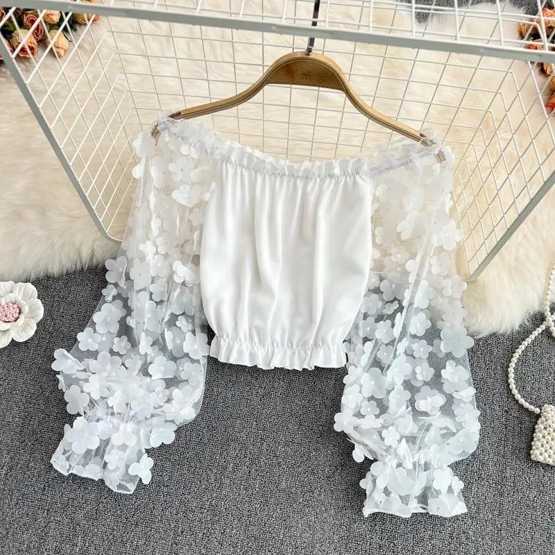 Off Shoulder Sexy Lace Blouses Women 2025 Spring Summer Korean Fashion Long Sleeve Tops Slim Flower Transparent Chiffon Shirts