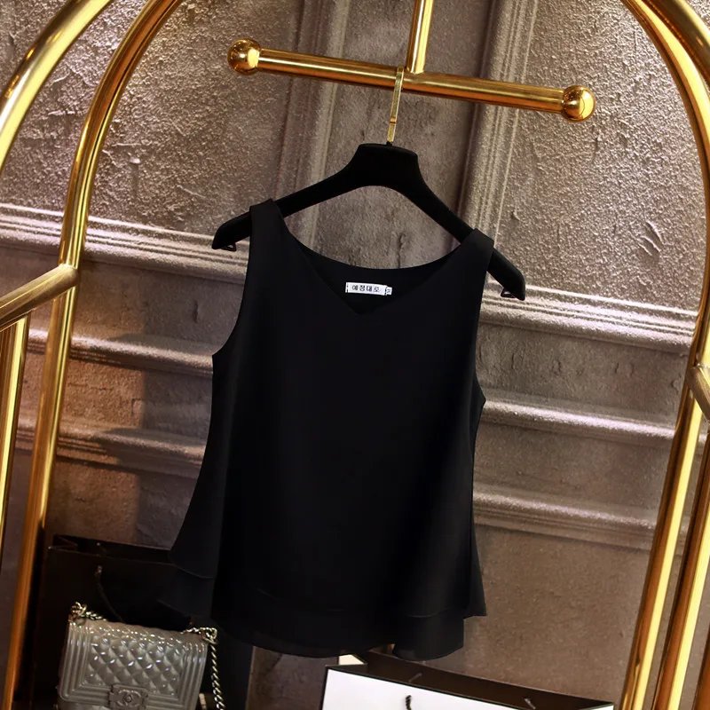 Banerdanni Fashion Brand Women blouse Summer New sleeveless Chiffon Shirt Solid V-neck Casual blouse Loose Oversized Female Tops