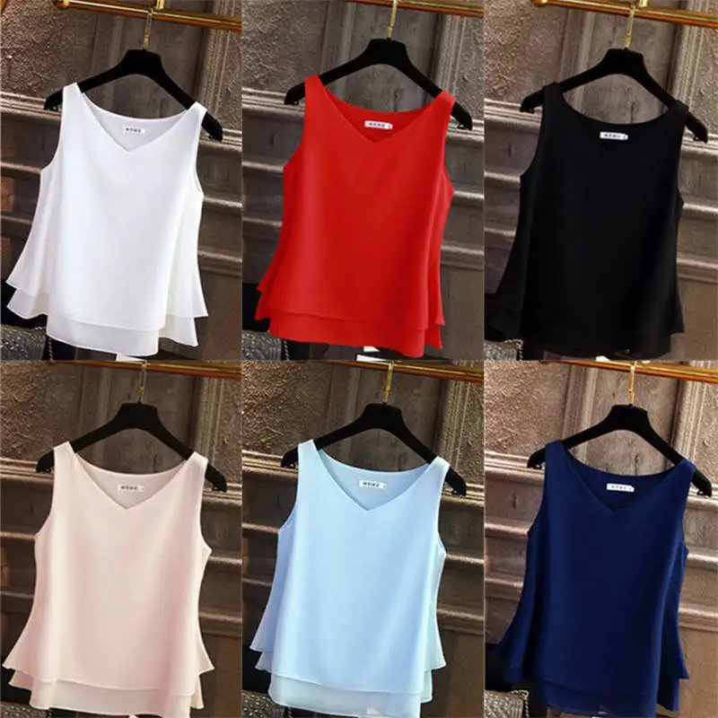 Banerdanni Fashion Brand Women blouse Summer New sleeveless Chiffon Shirt Solid V-neck Casual blouse Loose Oversized Female Tops