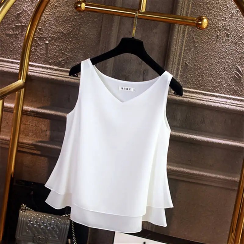 Banerdanni Fashion Brand Women blouse Summer New sleeveless Chiffon Shirt Solid V-neck Casual blouse Loose Oversized Female Tops