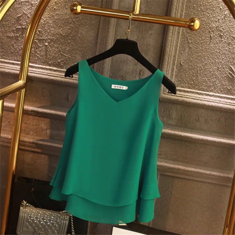 Banerdanni Fashion Brand Women blouse Summer New sleeveless Chiffon Shirt Solid V-neck Casual blouse Loose Oversized Female Tops