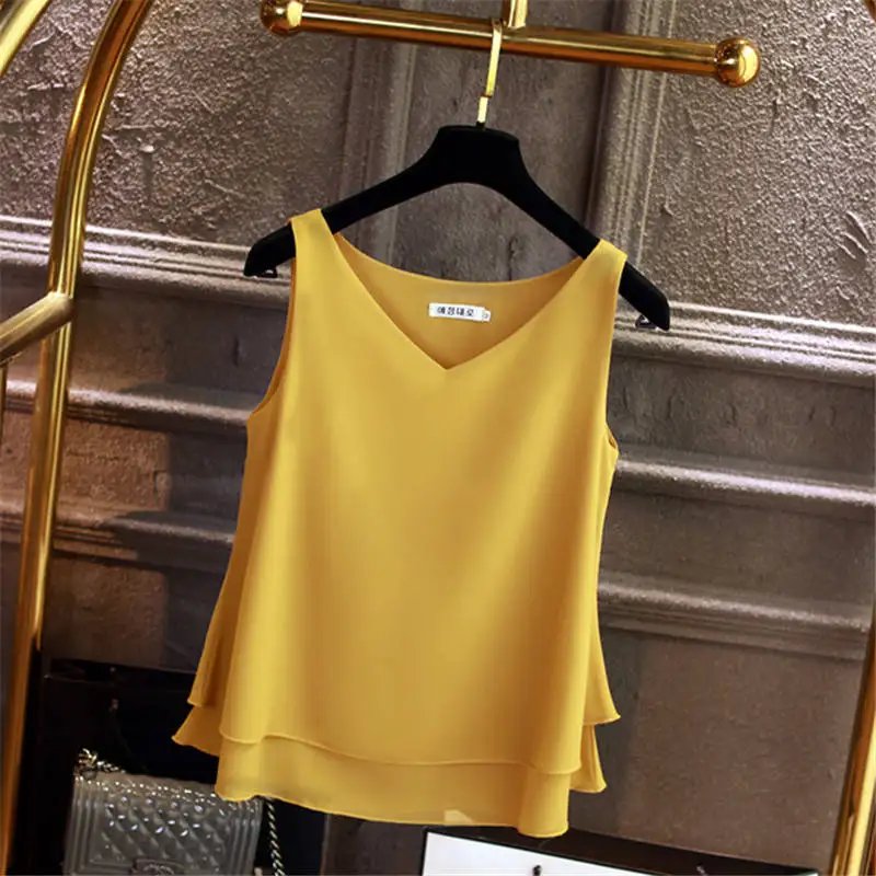 Banerdanni Fashion Brand Women blouse Summer New sleeveless Chiffon Shirt Solid V-neck Casual blouse Loose Oversized Female Tops