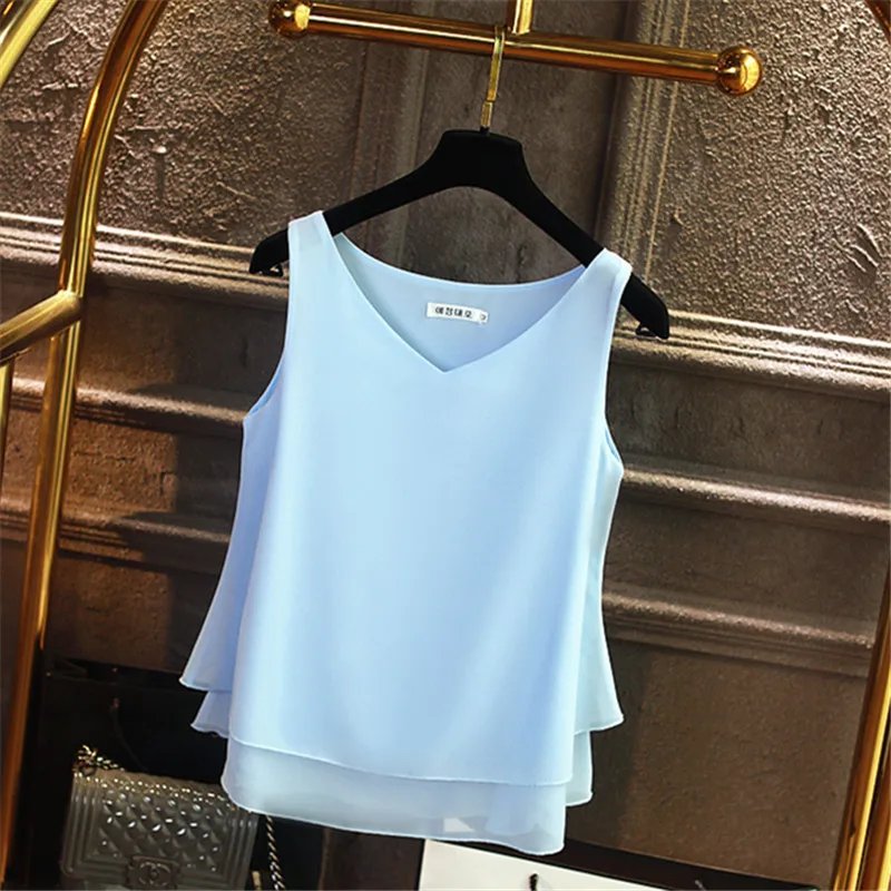 Banerdanni Fashion Brand Women blouse Summer New sleeveless Chiffon Shirt Solid V-neck Casual blouse Loose Oversized Female Tops