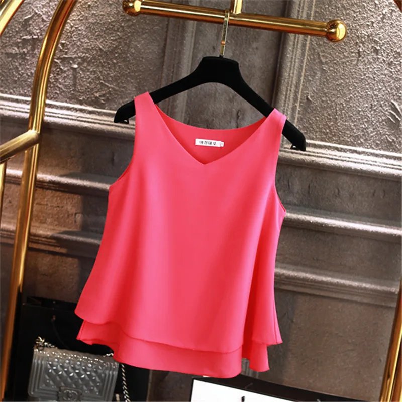 Banerdanni Fashion Brand Women blouse Summer New sleeveless Chiffon Shirt Solid V-neck Casual blouse Loose Oversized Female Tops