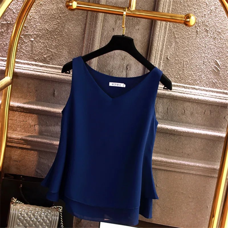 Banerdanni Fashion Brand Women blouse Summer New sleeveless Chiffon Shirt Solid V-neck Casual blouse Loose Oversized Female Tops