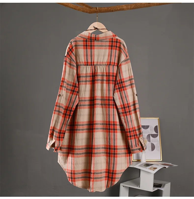 Spring/Summer 2025 Stylish Women's Button-up Shirt with Plaid Pattern, Medium Length Sun Protection and Loose Fit