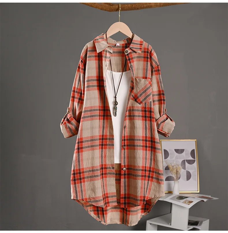 Spring/Summer 2025 Stylish Women's Button-up Shirt with Plaid Pattern, Medium Length Sun Protection and Loose Fit