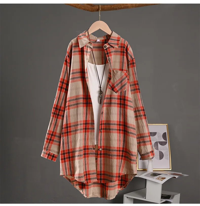Spring/Summer 2025 Stylish Women's Button-up Shirt with Plaid Pattern, Medium Length Sun Protection and Loose Fit