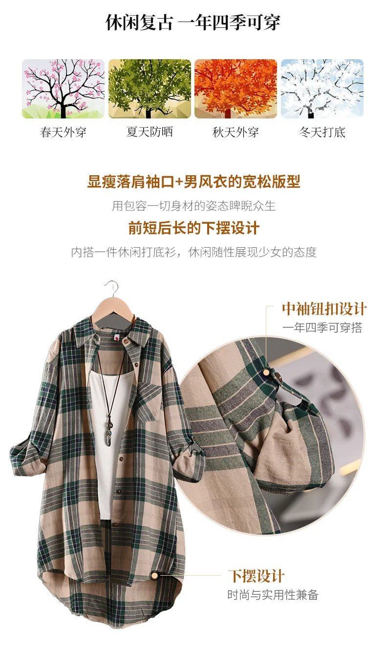 Spring/Summer 2025 Stylish Women's Button-up Shirt with Plaid Pattern, Medium Length Sun Protection and Loose Fit