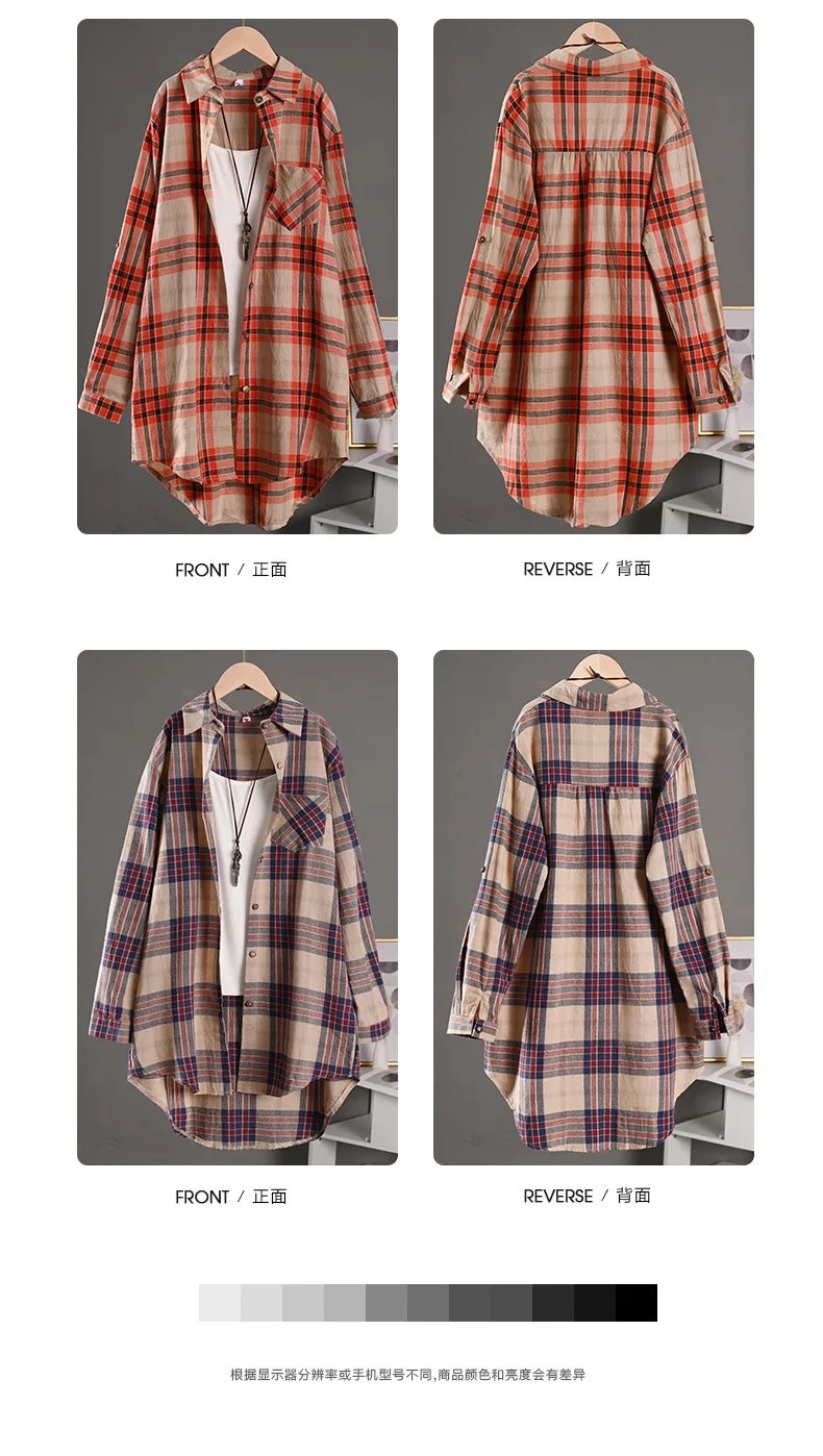 Spring/Summer 2025 Stylish Women's Button-up Shirt with Plaid Pattern, Medium Length Sun Protection and Loose Fit
