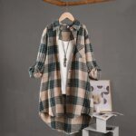 Spring/Summer 2025 Stylish Women's Button-up Shirt with Plaid Pattern, Medium Length Sun Protection and Loose Fit