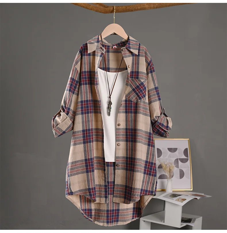 Spring/Summer 2025 Stylish Women's Button-up Shirt with Plaid Pattern, Medium Length Sun Protection and Loose Fit