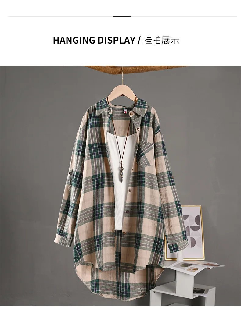 Spring/Summer 2025 Stylish Women's Button-up Shirt with Plaid Pattern, Medium Length Sun Protection and Loose Fit