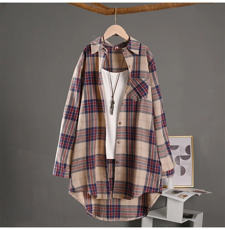 Spring/Summer 2025 Stylish Women's Button-up Shirt with Plaid Pattern, Medium Length Sun Protection and Loose Fit