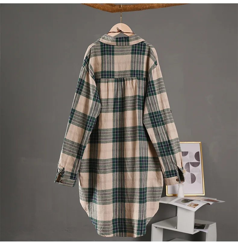Spring/Summer 2025 Stylish Women's Button-up Shirt with Plaid Pattern, Medium Length Sun Protection and Loose Fit