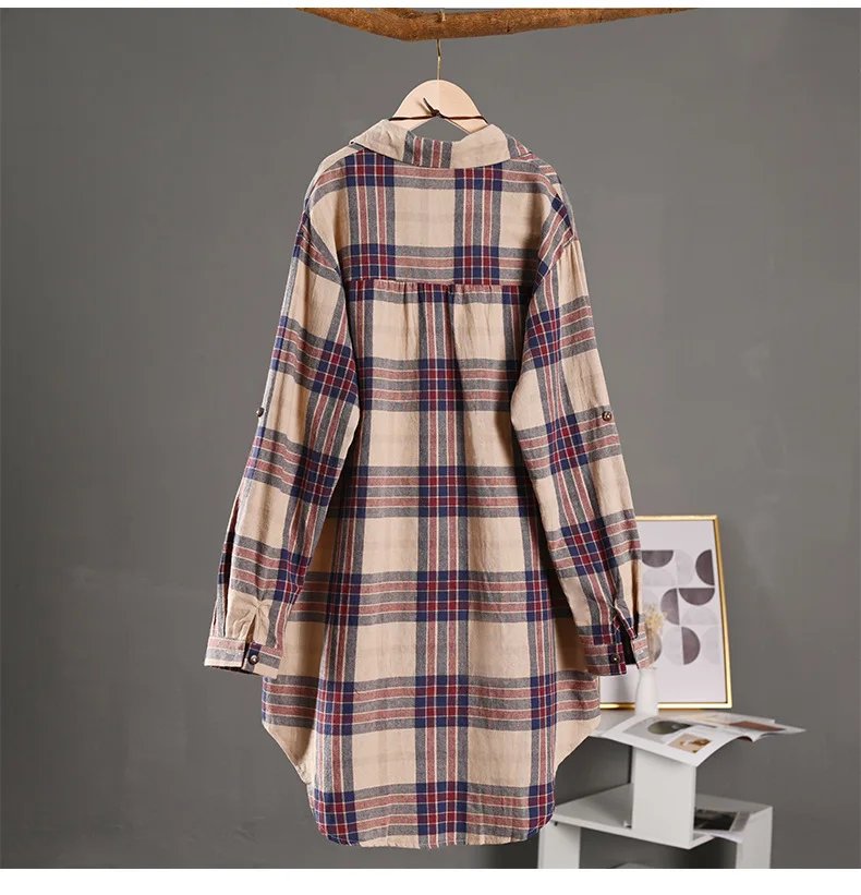 Spring/Summer 2025 Stylish Women's Button-up Shirt with Plaid Pattern, Medium Length Sun Protection and Loose Fit