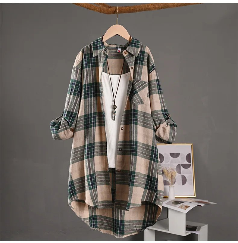 Spring/Summer 2025 Stylish Women's Button-up Shirt with Plaid Pattern, Medium Length Sun Protection and Loose Fit