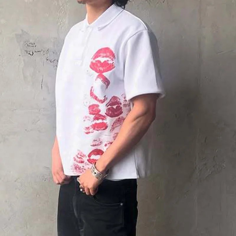 Polo Tees Harajuku Lip Printing Rock Shirt Gothic Hip Hop Button Collar Punk Casual T-shirts Y2K Summer Commute Short Sleeve Top