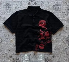 Polo Tees Harajuku Lip Printing Rock Shirt Gothic Hip Hop Button Collar Punk Casual T-shirts Y2K Summer Commute Short Sleeve Top