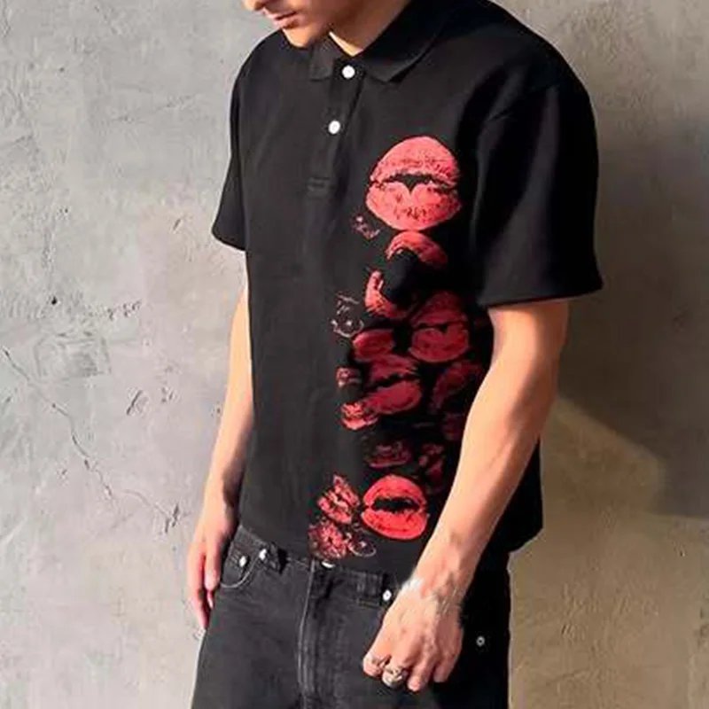Polo Tees Harajuku Lip Printing Rock Shirt Gothic Hip Hop Button Collar Punk Casual T-shirts Y2K Summer Commute Short Sleeve Top