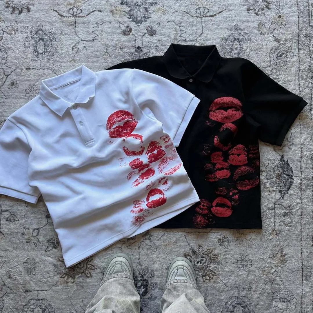 Polo Tees Harajuku Lip Printing Rock Shirt Gothic Hip Hop Button Collar Punk Casual T-shirts Y2K Summer Commute Short Sleeve Top