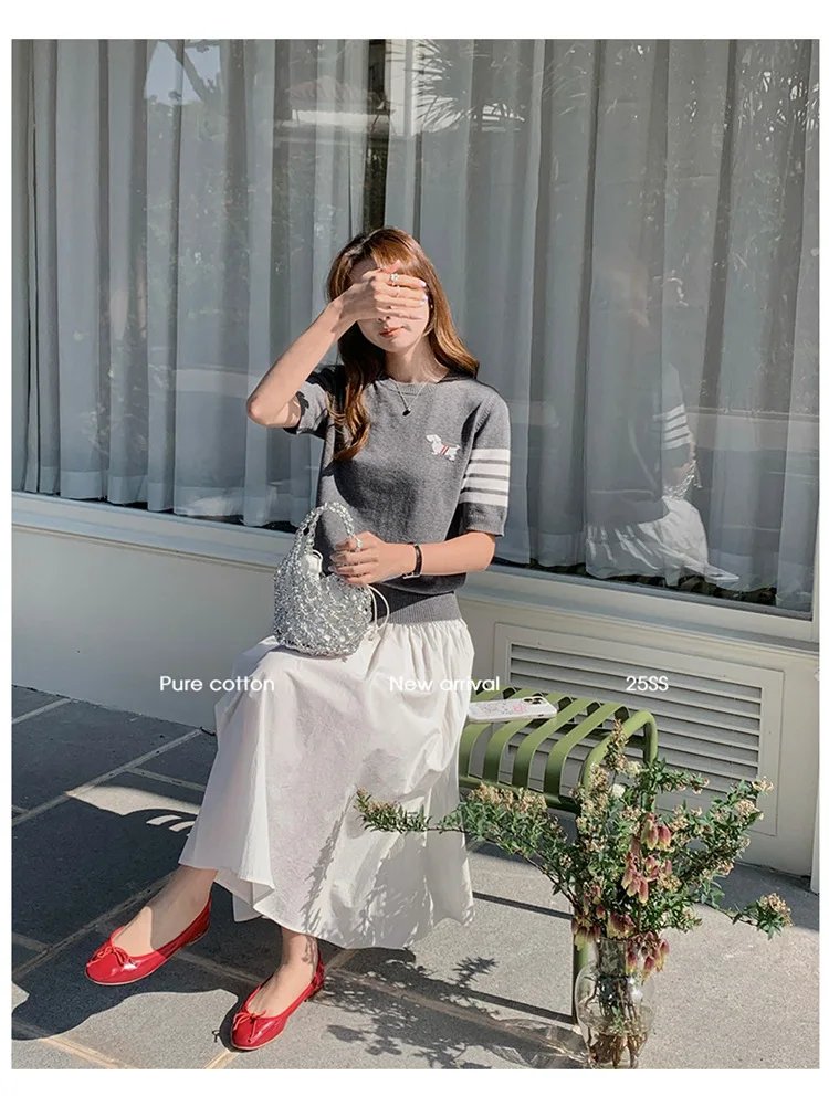 Sweet And Gentle round Neck Knitted Short Sleeve Pure Cotton Slim Fit T-Shirt Comfortable Casual Style for Daily Wear