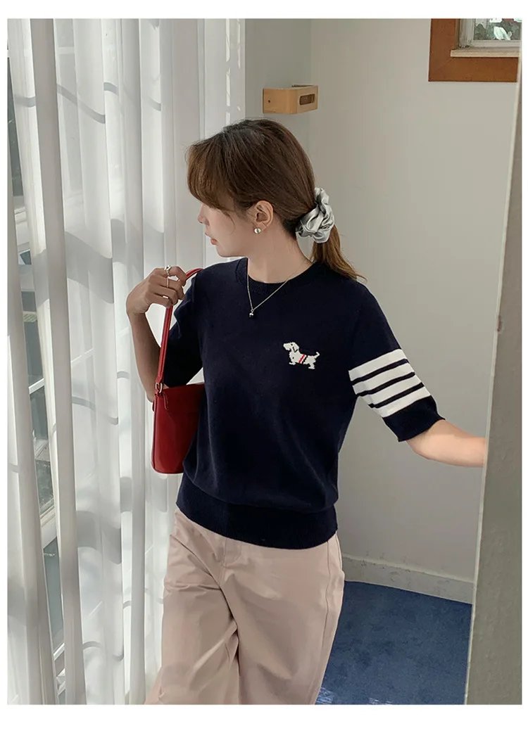 Sweet And Gentle round Neck Knitted Short Sleeve Pure Cotton Slim Fit T-Shirt Comfortable Casual Style for Daily Wear