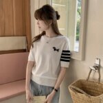 Sweet And Gentle round Neck Knitted Short Sleeve Pure Cotton Slim Fit T-Shirt Comfortable Casual Style for Daily Wear