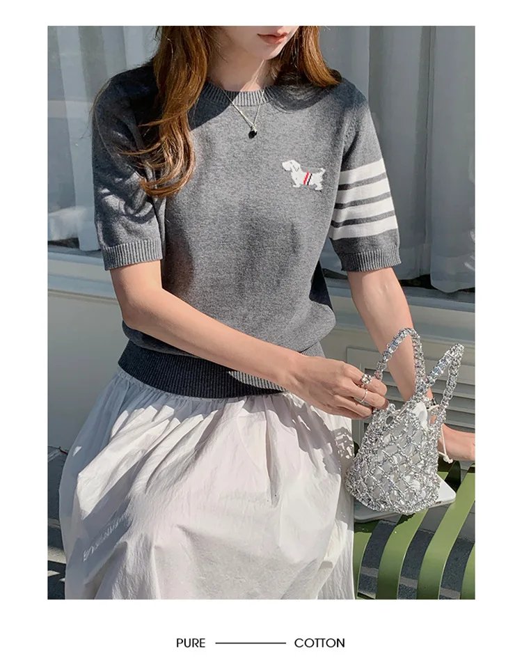 Sweet And Gentle round Neck Knitted Short Sleeve Pure Cotton Slim Fit T-Shirt Comfortable Casual Style for Daily Wear