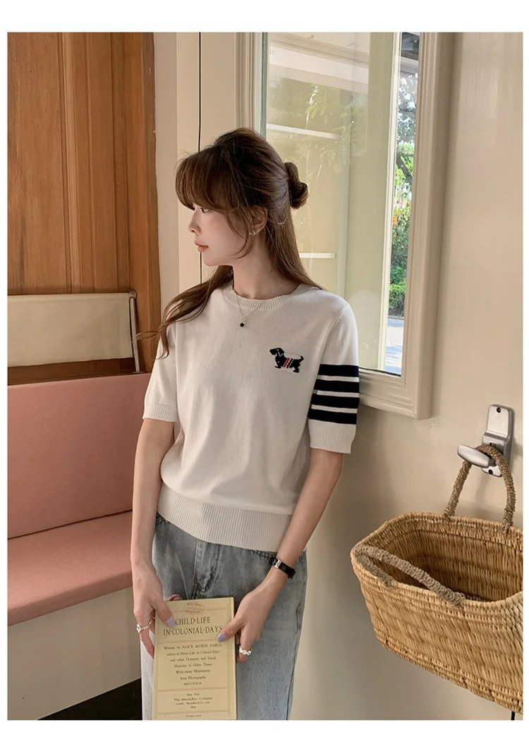 Sweet And Gentle round Neck Knitted Short Sleeve Pure Cotton Slim Fit T-Shirt Comfortable Casual Style for Daily Wear