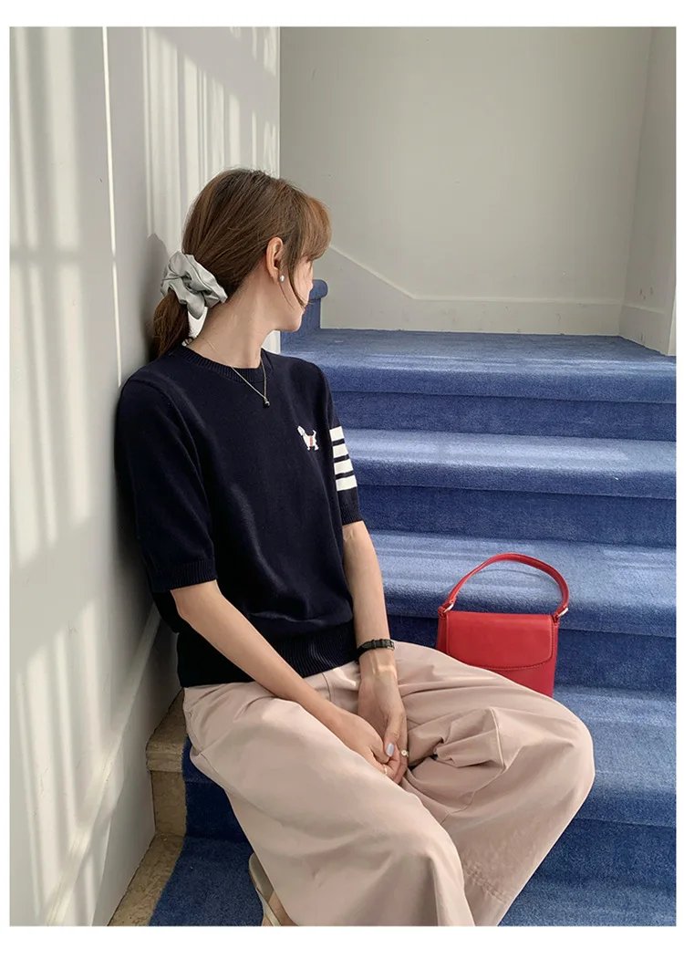 Sweet And Gentle round Neck Knitted Short Sleeve Pure Cotton Slim Fit T-Shirt Comfortable Casual Style for Daily Wear