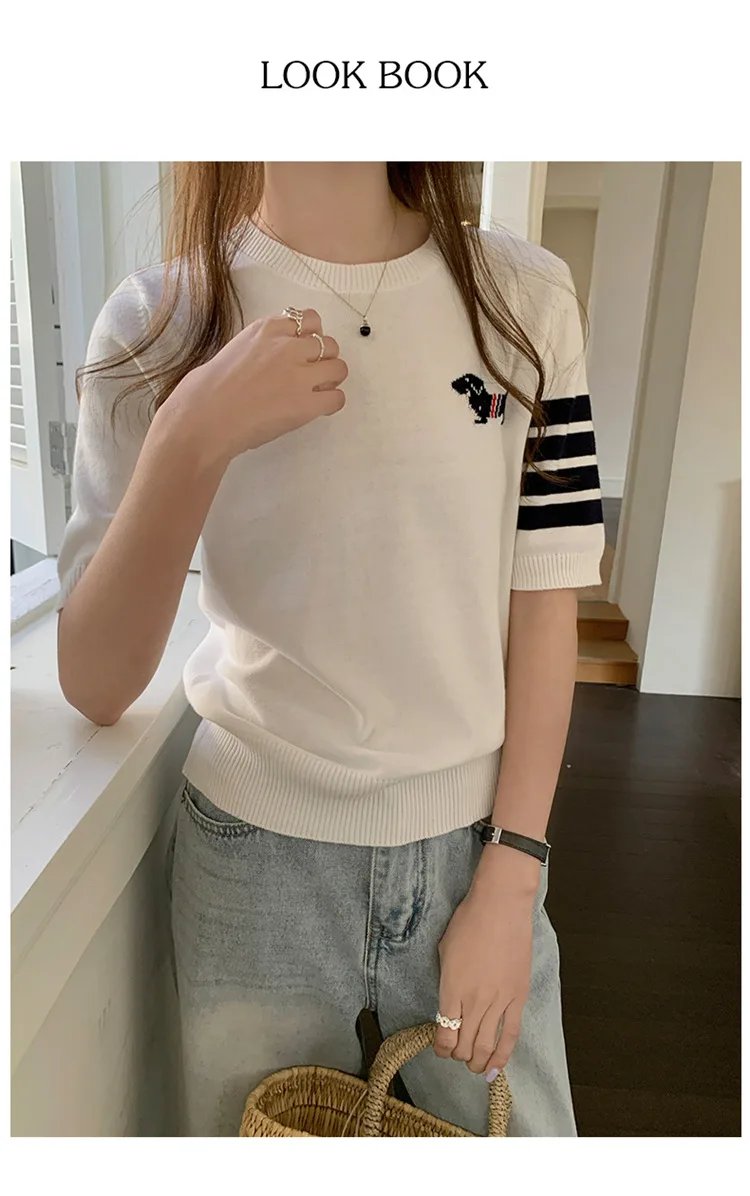 Sweet And Gentle round Neck Knitted Short Sleeve Pure Cotton Slim Fit T-Shirt Comfortable Casual Style for Daily Wear