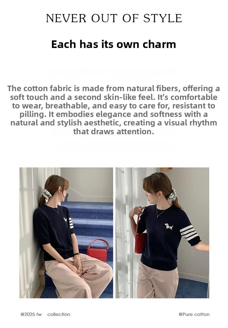 Sweet And Gentle round Neck Knitted Short Sleeve Pure Cotton Slim Fit T-Shirt Comfortable Casual Style for Daily Wear