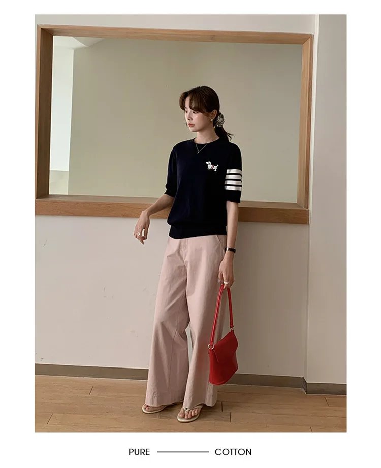 Sweet And Gentle round Neck Knitted Short Sleeve Pure Cotton Slim Fit T-Shirt Comfortable Casual Style for Daily Wear