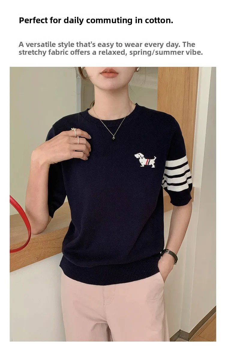 Sweet And Gentle round Neck Knitted Short Sleeve Pure Cotton Slim Fit T-Shirt Comfortable Casual Style for Daily Wear