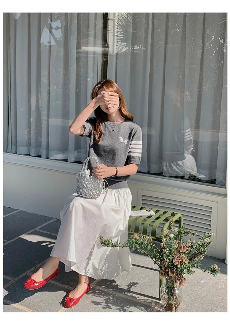 Sweet And Gentle round Neck Knitted Short Sleeve Pure Cotton Slim Fit T-Shirt Comfortable Casual Style for Daily Wear