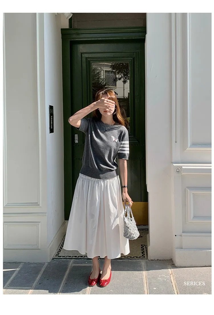 Sweet And Gentle round Neck Knitted Short Sleeve Pure Cotton Slim Fit T-Shirt Comfortable Casual Style for Daily Wear