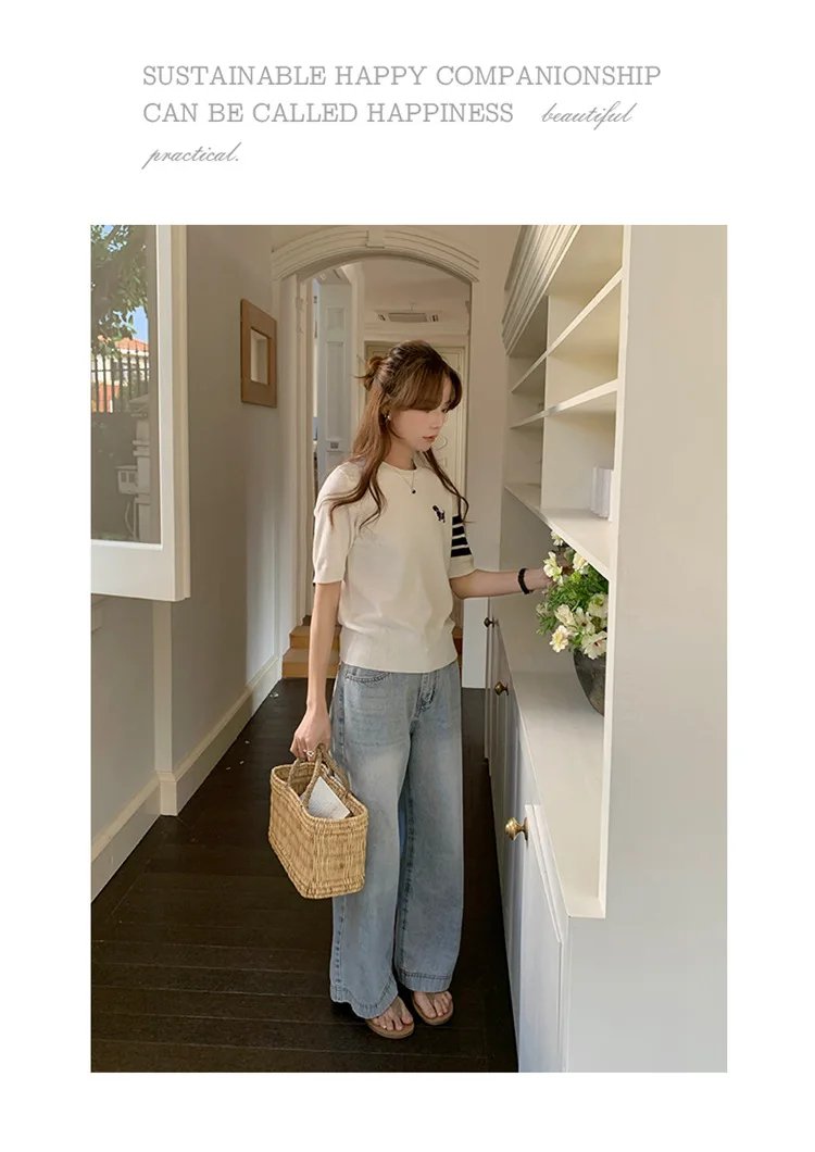 Sweet And Gentle round Neck Knitted Short Sleeve Pure Cotton Slim Fit T-Shirt Comfortable Casual Style for Daily Wear