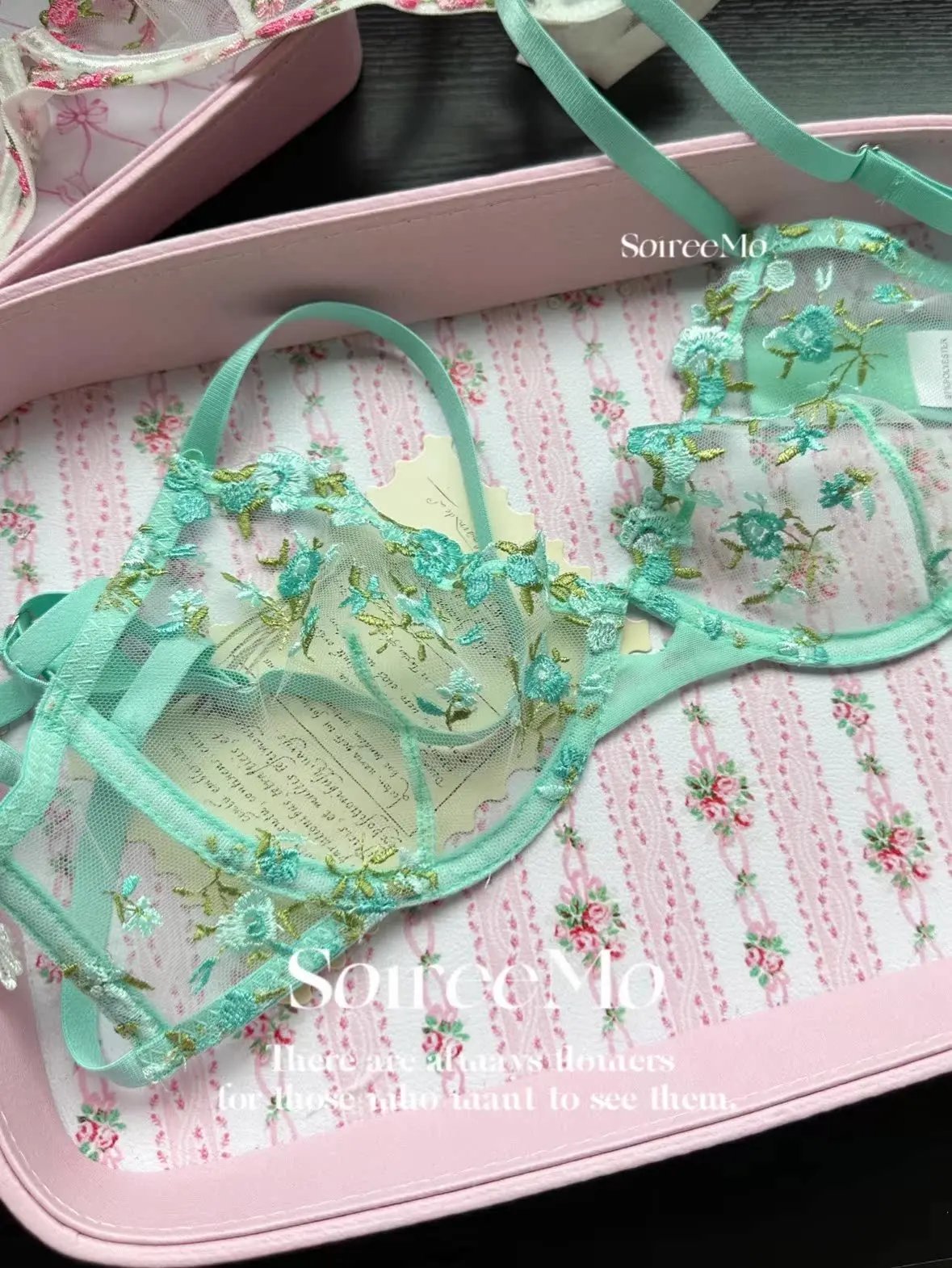 Kawaii Japanese Lingerie Set Sheer Tulle, Pink Floral Embroidery Bra Bralette, Sexy Pure Matching Set BANERDANNI Sexy Tushy Bras
