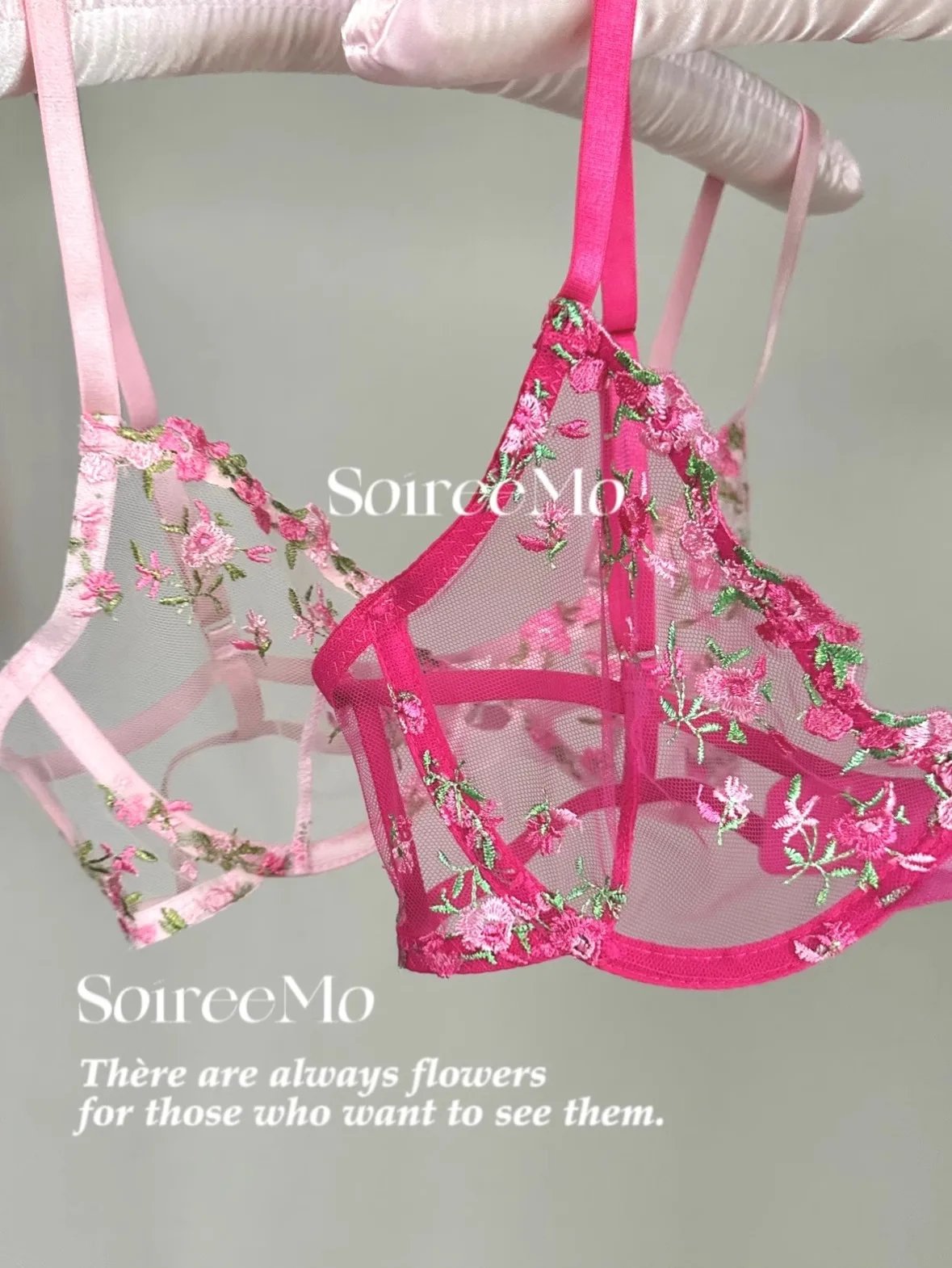 Kawaii Japanese Lingerie Set Sheer Tulle, Pink Floral Embroidery Bra Bralette, Sexy Pure Matching Set BANERDANNI Sexy Tushy Bras