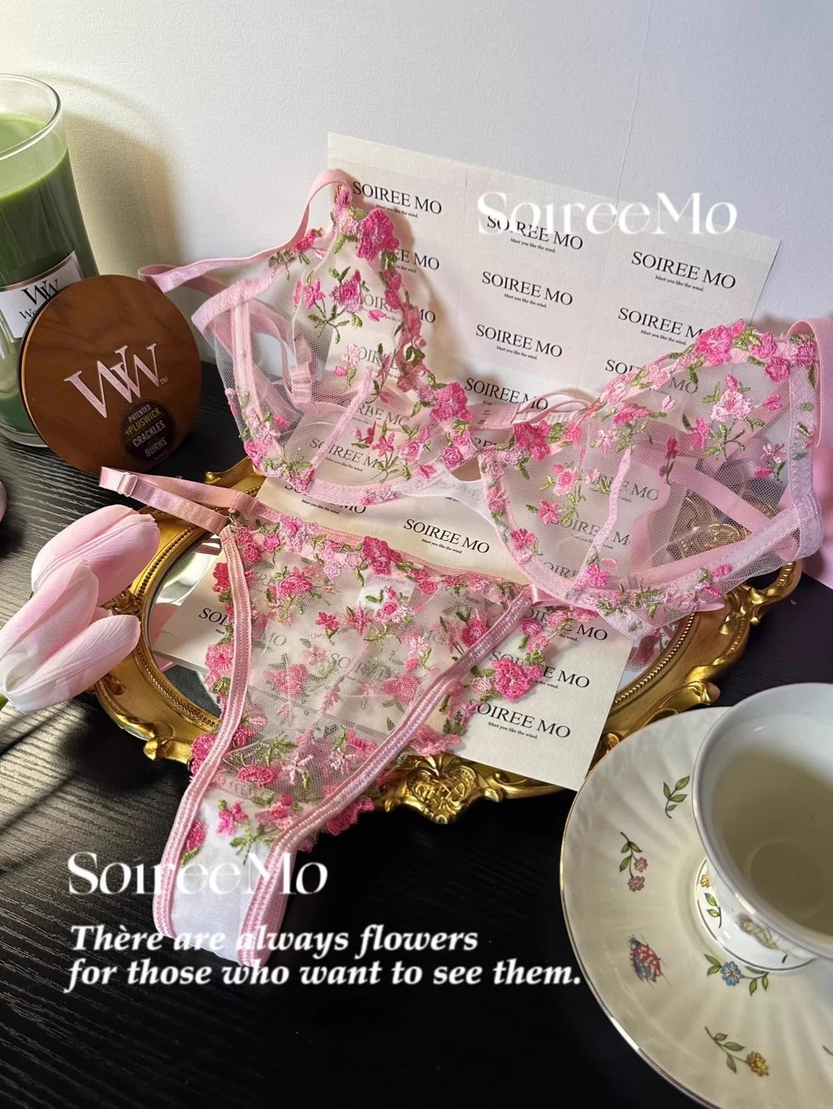 Kawaii Japanese Lingerie Set Sheer Tulle, Pink Floral Embroidery Bra Bralette, Sexy Pure Matching Set BANERDANNI Sexy Tushy Bras