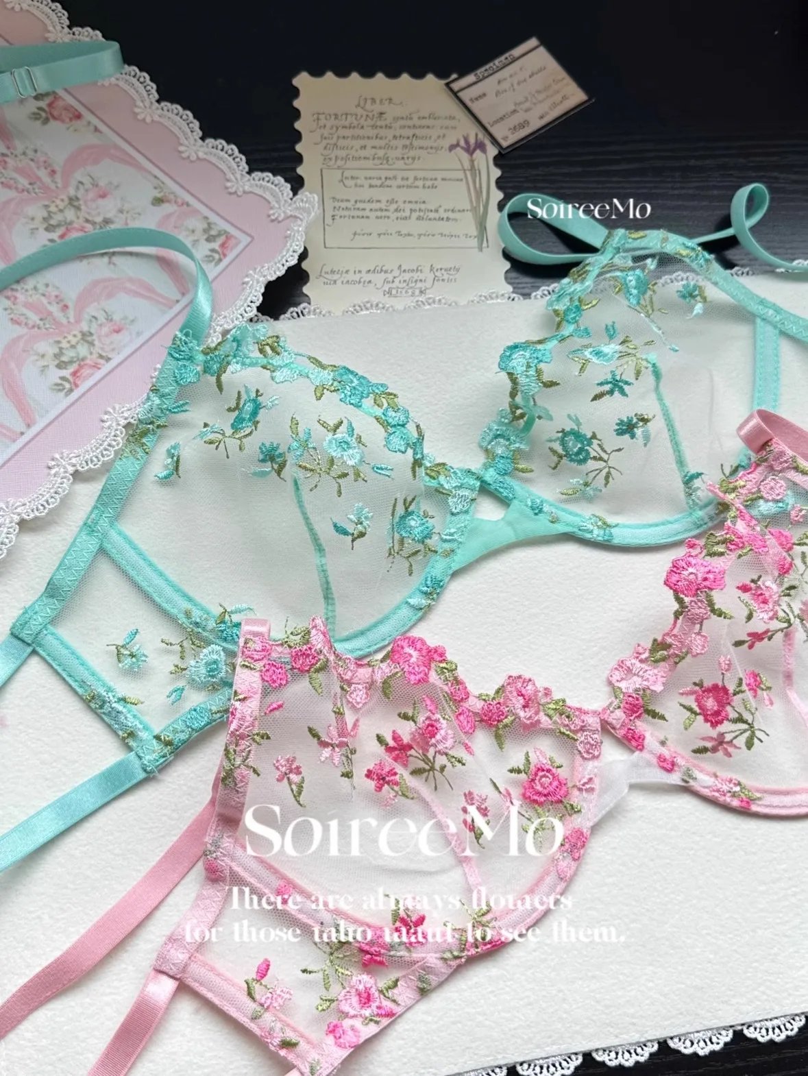 Kawaii Japanese Lingerie Set Sheer Tulle, Pink Floral Embroidery Bra Bralette, Sexy Pure Matching Set BANERDANNI Sexy Tushy Bras