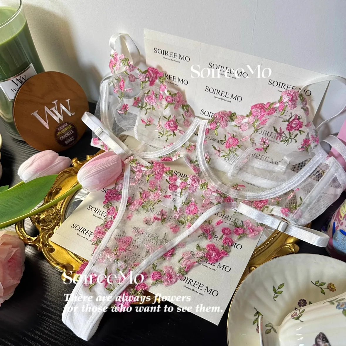 Kawaii Japanese Lingerie Set Sheer Tulle, Pink Floral Embroidery Bra Bralette, Sexy Pure Matching Set BANERDANNI Sexy Tushy Bras