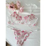 Kawaii Japanese Lingerie Set Sheer Tulle, Pink Floral Embroidery Bra Bralette, Sexy Pure Matching Set BANERDANNI Sexy Tushy Bras