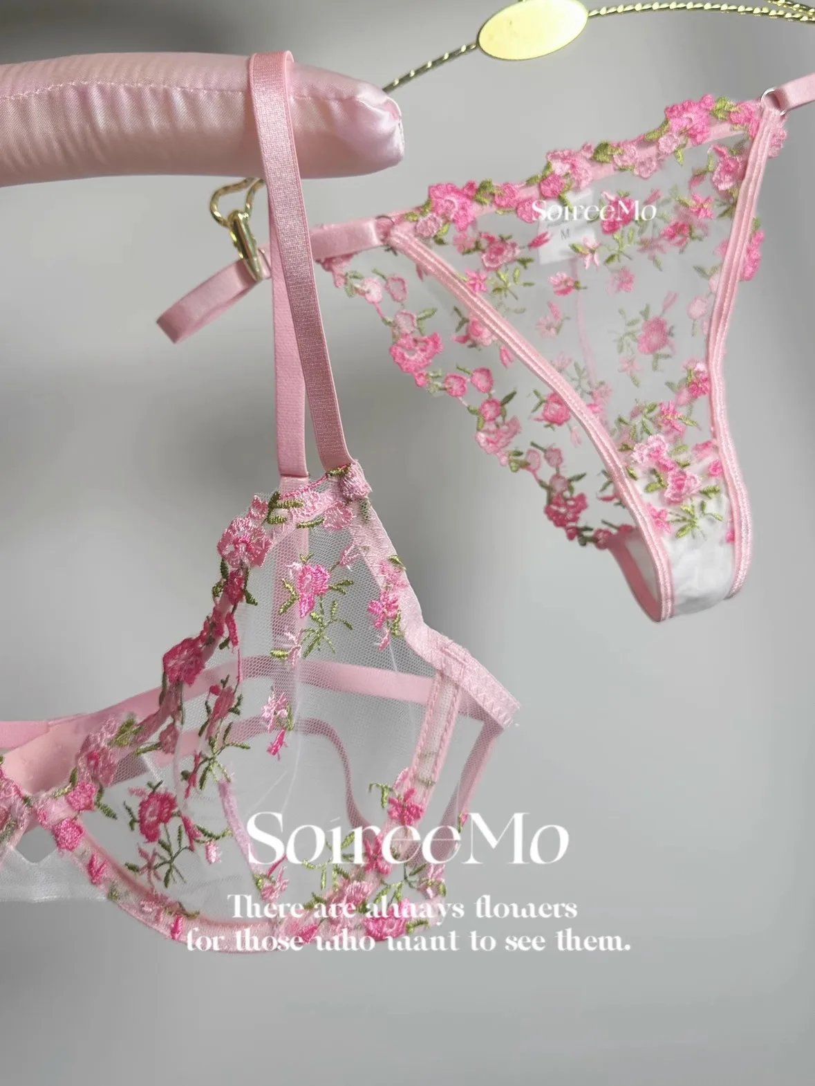 Kawaii Japanese Lingerie Set Sheer Tulle, Pink Floral Embroidery Bra Bralette, Sexy Pure Matching Set BANERDANNI Sexy Tushy Bras