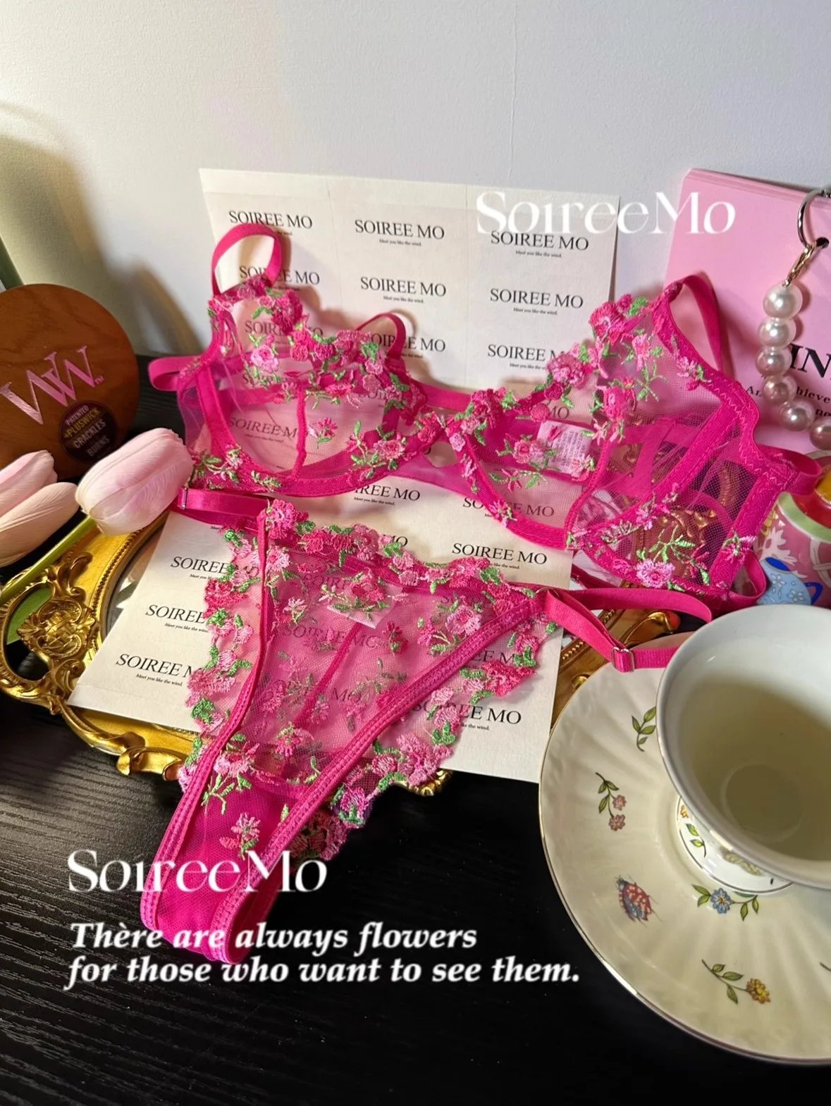 Kawaii Japanese Lingerie Set Sheer Tulle, Pink Floral Embroidery Bra Bralette, Sexy Pure Matching Set BANERDANNI Sexy Tushy Bras